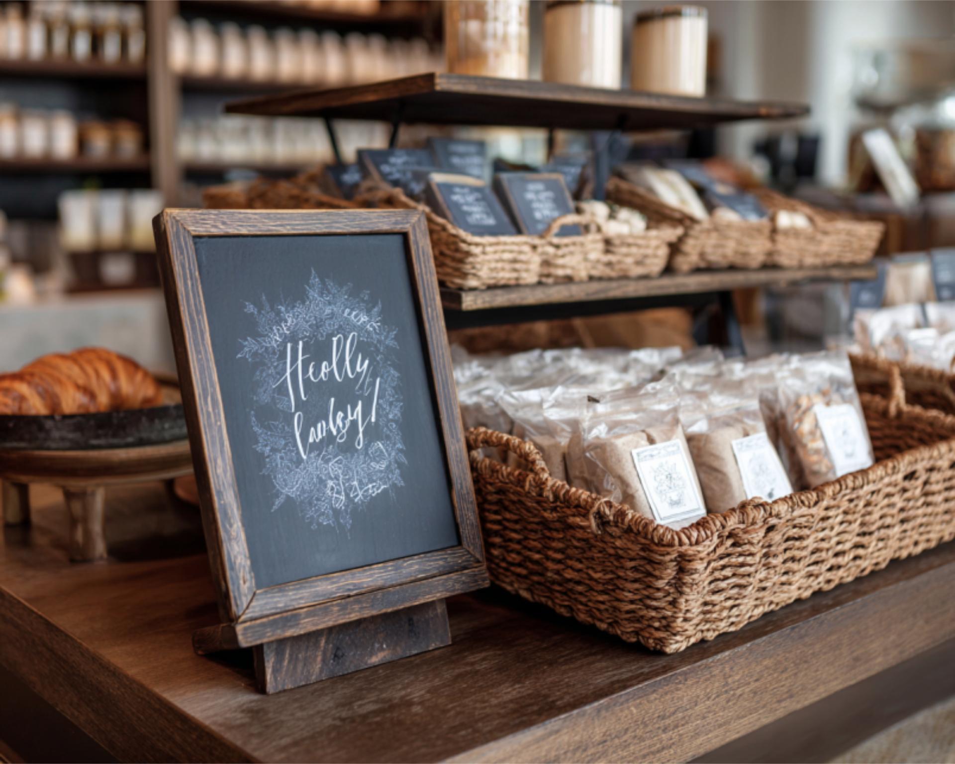 Chalkboard Sign Beside Rustic Basket Display A han