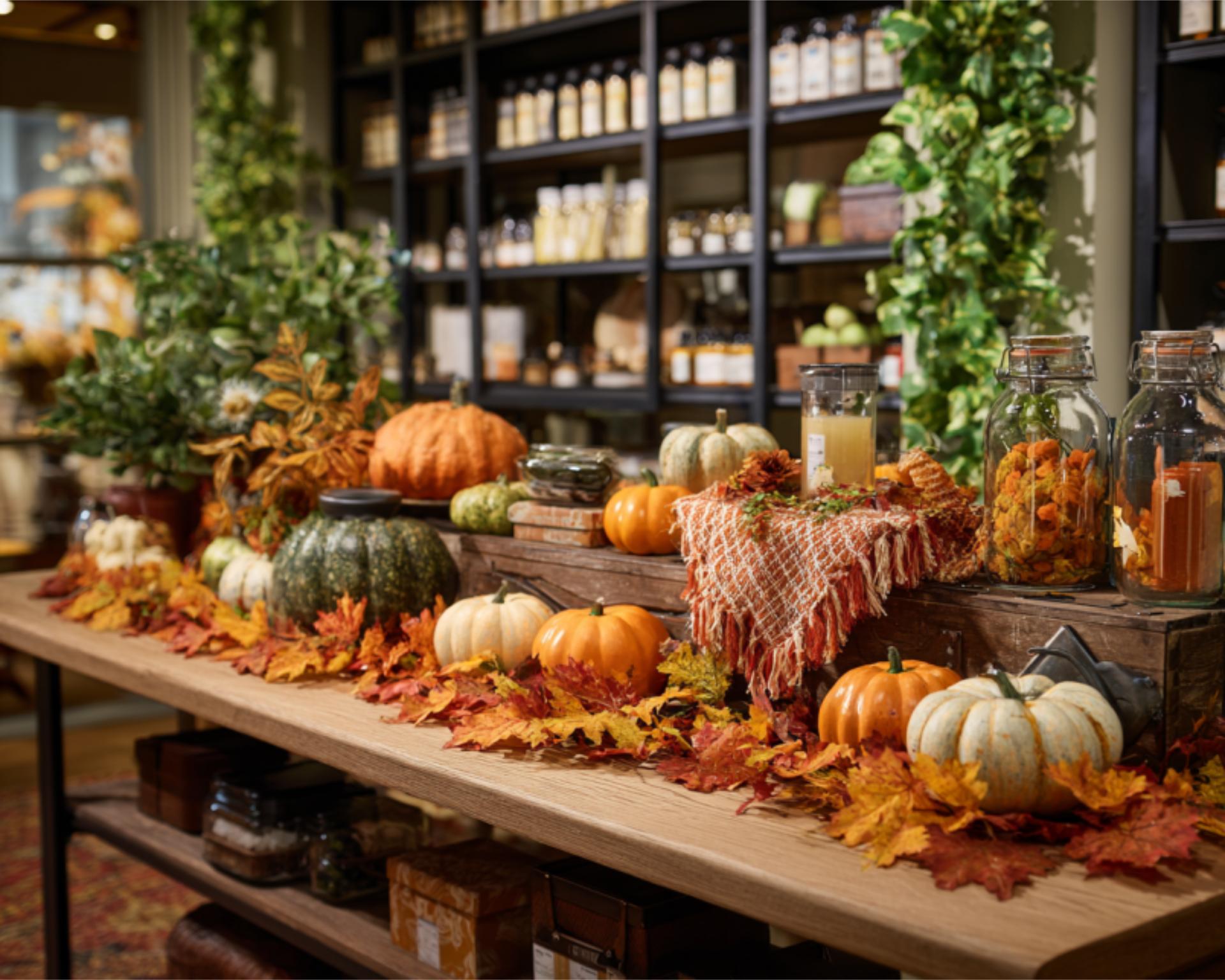 Seasonal Touch with Garland and Pumpkins on Counte