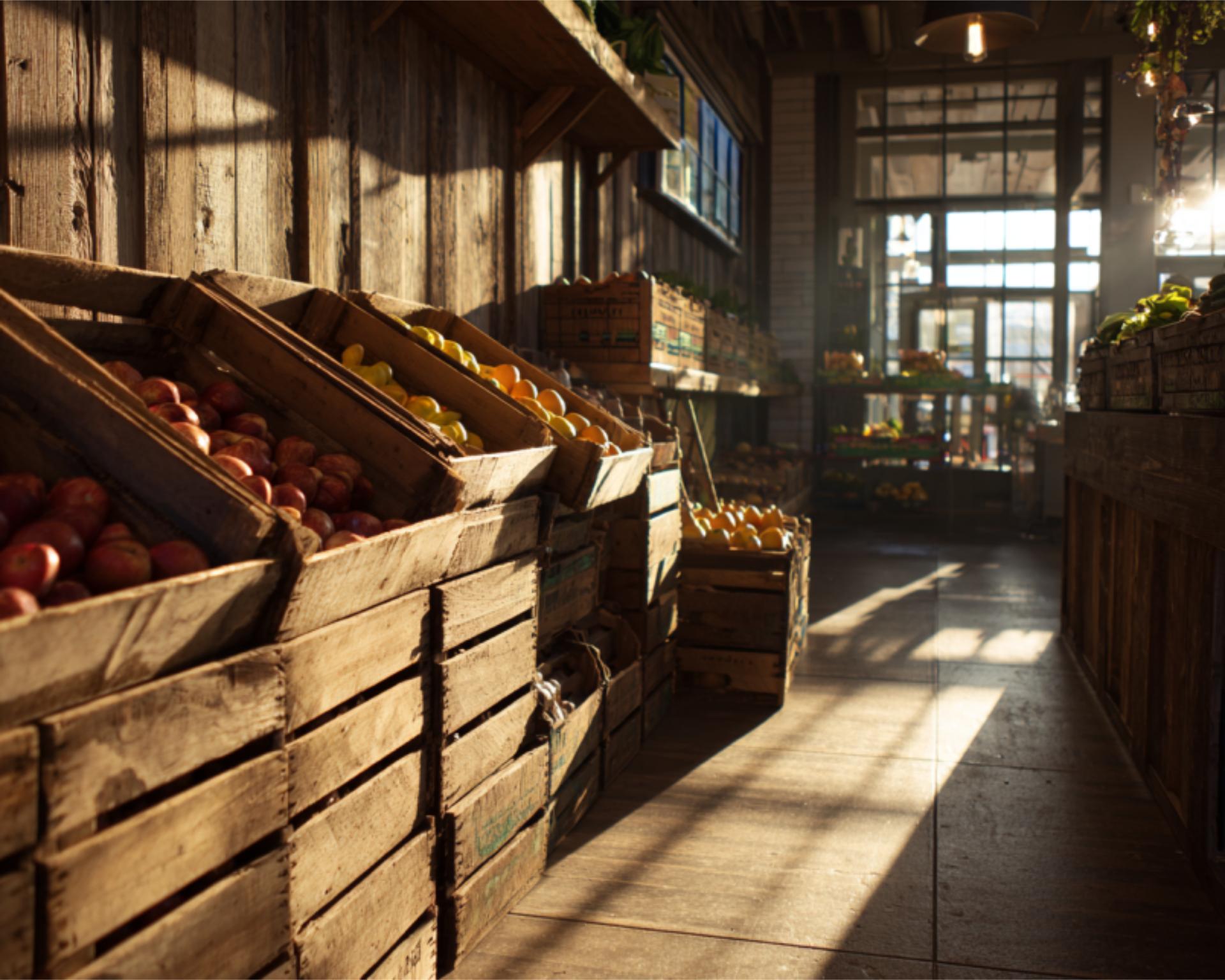 Sunlight Through Grocery Aisle with Stacked Crates 1